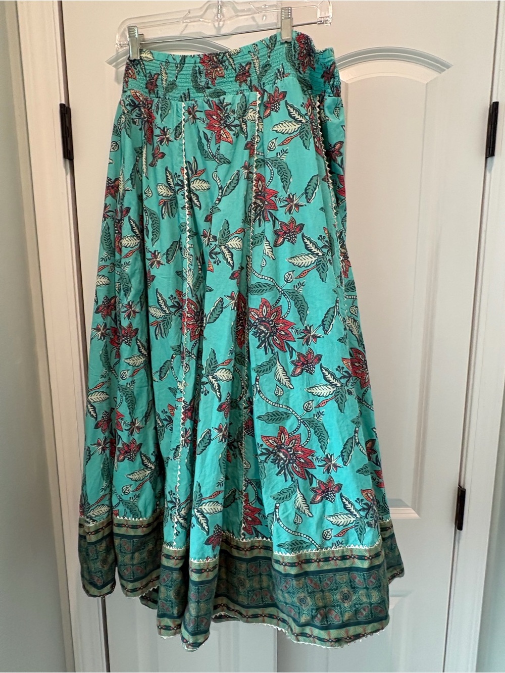 Soft Surroundings Turquoise Floral Maxi Skirt with Red Accents